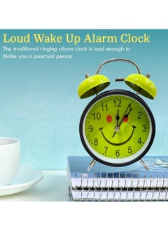 Casa Bella The Brand Analog Table Clock with Silent Non-Ticking Alarm | Battery Operated Twin Bell Clock | Retro Metal Desk Clock for Bedroom & Home Décor | Smiley Emoji Round Shape | Green & Black  - Image 4