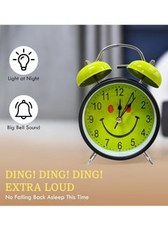 Casa Bella The Brand Analog Table Clock with Silent Non-Ticking Alarm | Battery Operated Twin Bell Clock | Retro Metal Desk Clock for Bedroom & Home Décor | Smiley Emoji Round Shape | Green & Black  - Image 2