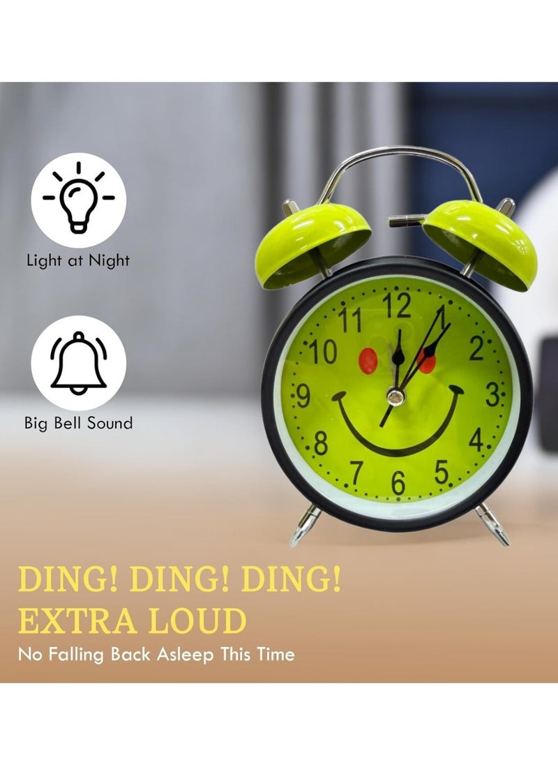 Casa Bella The Brand Analog Table Clock with Silent Non-Ticking Alarm | Battery Operated Twin Bell Clock | Retro Metal Desk Clock for Bedroom & Home Décor | Smiley Emoji Round Shape | Green & Black  - Image 2