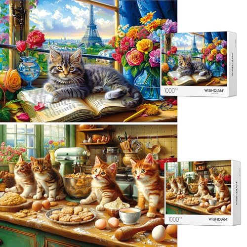 WISHDIAM Jigsaw Puzzles 2 Pack 1000 Pieces Puzzles for Adults Cute Kitten Cats Funny Pets Animal Lovers Challenging Puzzles Gifts Toy for Men Women - Image 1