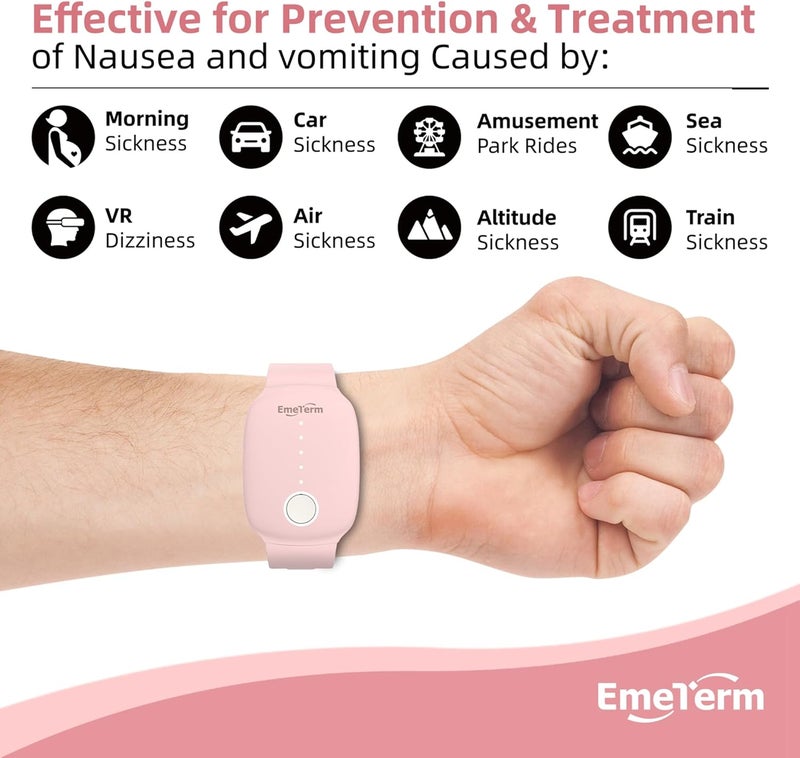 EmeTerm أداة تحفيز كهربائية معتمدة من إدارة الغذاء والدواء لتخفيف الغثيان - مناسبة للغثيان الصباحي ودوار السفر - أساور قابلة لإعادة الشحن بدون جل خالية من الأدوية بدون آثار جانبية - Image 2