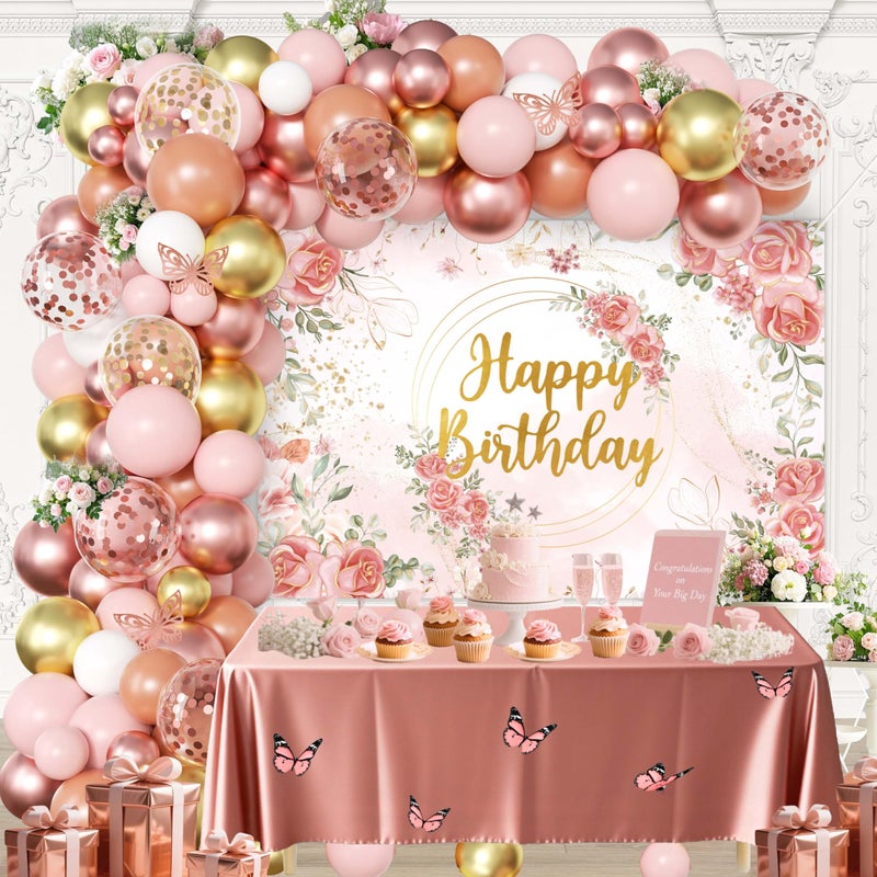 jenlion Rose Gold Floral Birthday Decorations for Women,Balloon Garland Kit, Pastel Nude Pink Metallic Matte White Balloons with Gold RoseGold Confetti for Princess Girl Party - Image 1