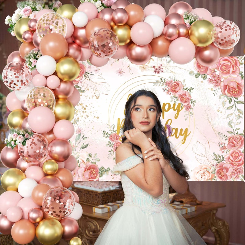 jenlion Rose Gold Floral Birthday Decorations for Women,Balloon Garland Kit, Pastel Nude Pink Metallic Matte White Balloons with Gold RoseGold Confetti for Princess Girl Party - Image 4