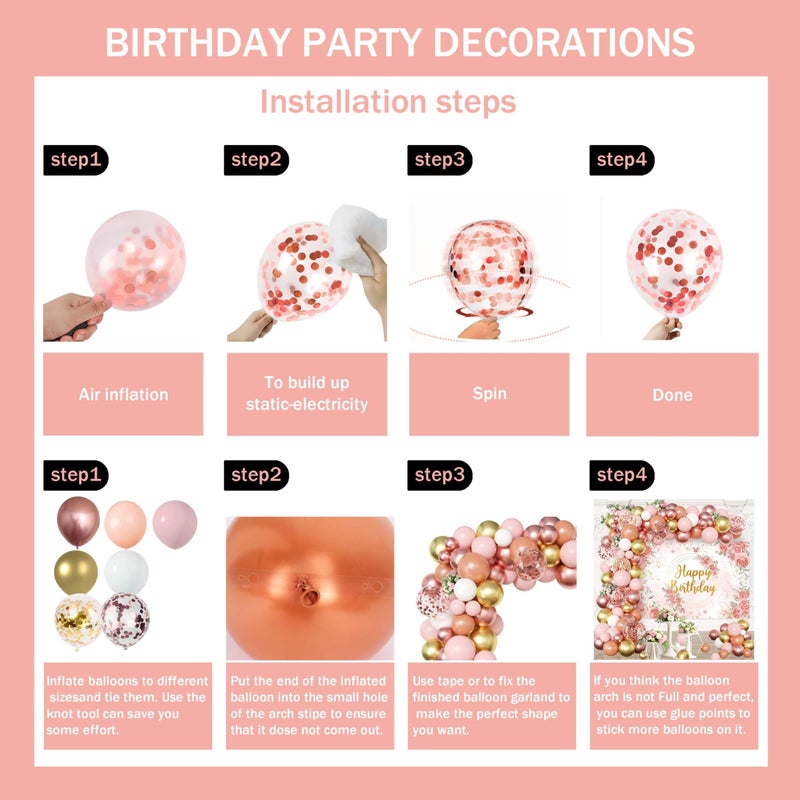 jenlion Rose Gold Floral Birthday Decorations for Women,Balloon Garland Kit, Pastel Nude Pink Metallic Matte White Balloons with Gold RoseGold Confetti for Princess Girl Party - Image 5
