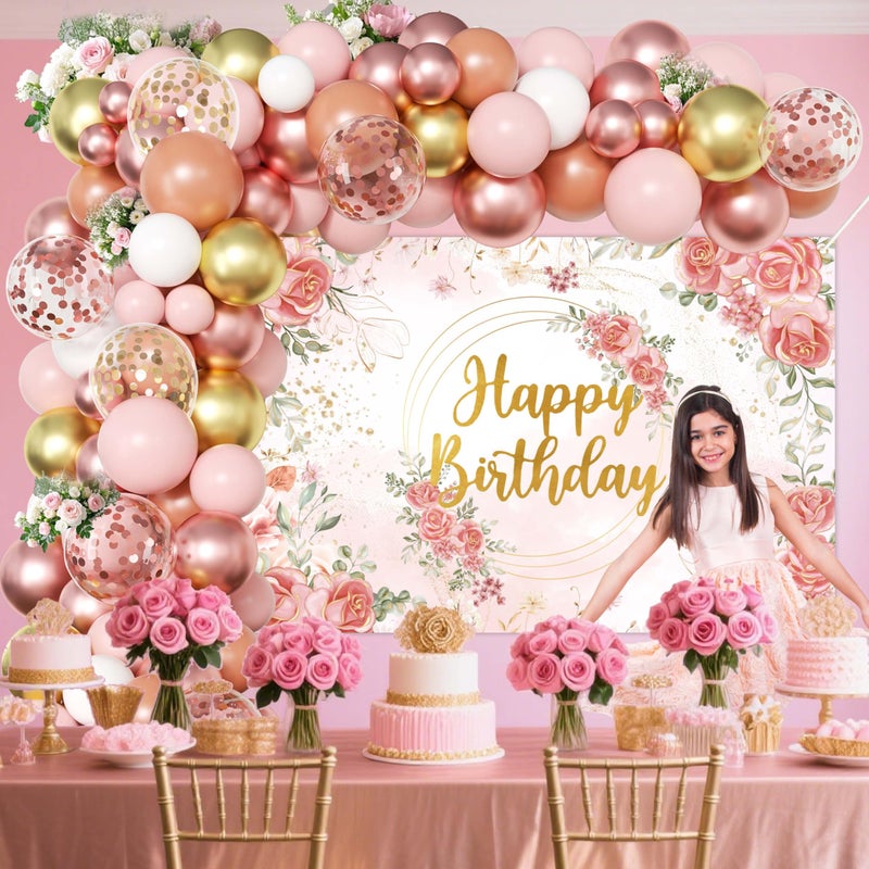 jenlion Rose Gold Floral Birthday Decorations for Women,Balloon Garland Kit, Pastel Nude Pink Metallic Matte White Balloons with Gold RoseGold Confetti for Princess Girl Party - Image 3