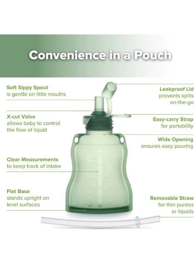 haakaa Baby Food Pouch Refillable Baby Squeeze Silicone Yummy Pouch Soft Reusable Squeeze Storage Food Pouch for Kids ToddlerHome Made Food PureeSmoothie Pouch Bag 4oz 4 Pack6mPea Green - Image 4