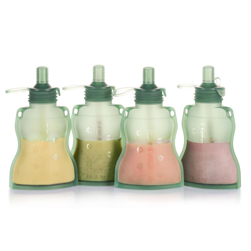 haakaa Baby Food Pouch Refillable Baby Squeeze Silicone Yummy Pouch Soft Reusable Squeeze Storage Food Pouch for Kids ToddlerHome Made Food PureeSmoothie Pouch Bag 4oz 4 Pack6mPea Green - Image 2