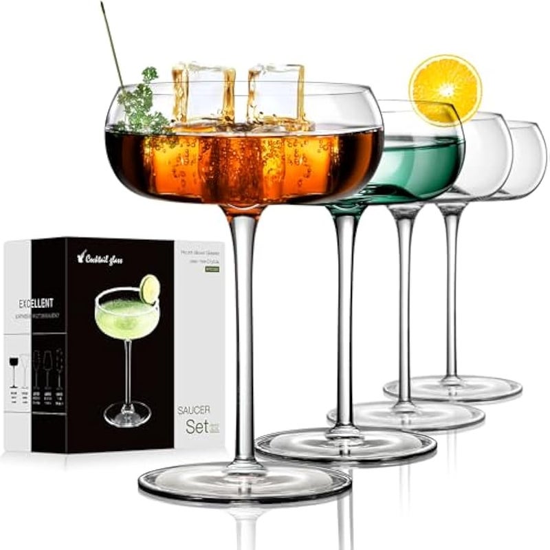 عربست اكواب مارتيني فريدة من نوعها من لونا اند مانثا | مجموعة من 4 قطع | 8 اونصة كريستال دائرية | مجموعة كؤوس كوكتيل ارت ديكو للمشروبات المختلطة | زجاج كوبيه فاخر منفوخ يدويًا بلون ذهبي فاتح - Image 1