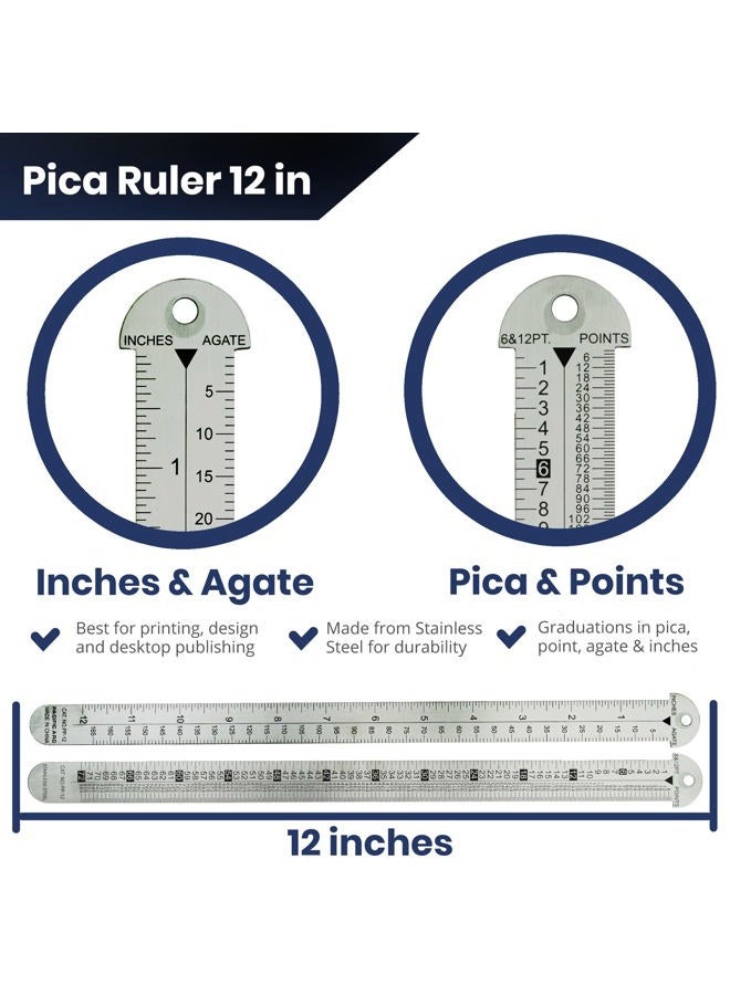 Pacific Arc 12 inch Pica Pole Metal Ruler, with Pica, Points, Inches, and Agate Measurements, Stainless Steel Ruler for Drafting - Image 3
