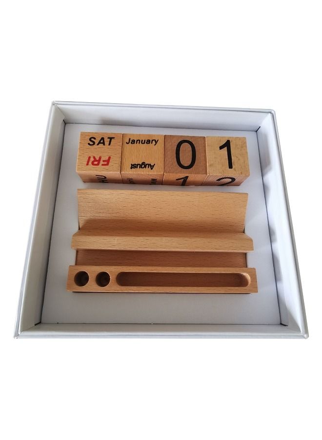 Wooden block perpetual desktop calendar  with pen and  card holder - Image 4