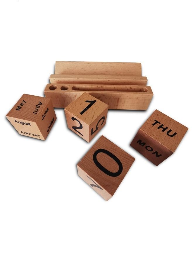 Wooden block perpetual desktop calendar  with pen and  card holder - Image 1