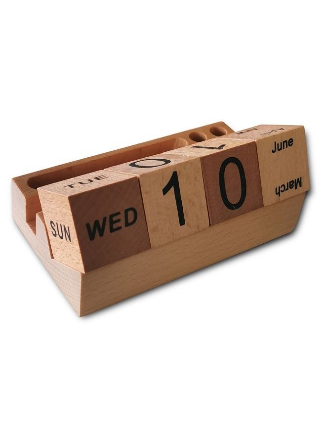 Wooden block perpetual desktop calendar  with pen and  card holder - Image 3