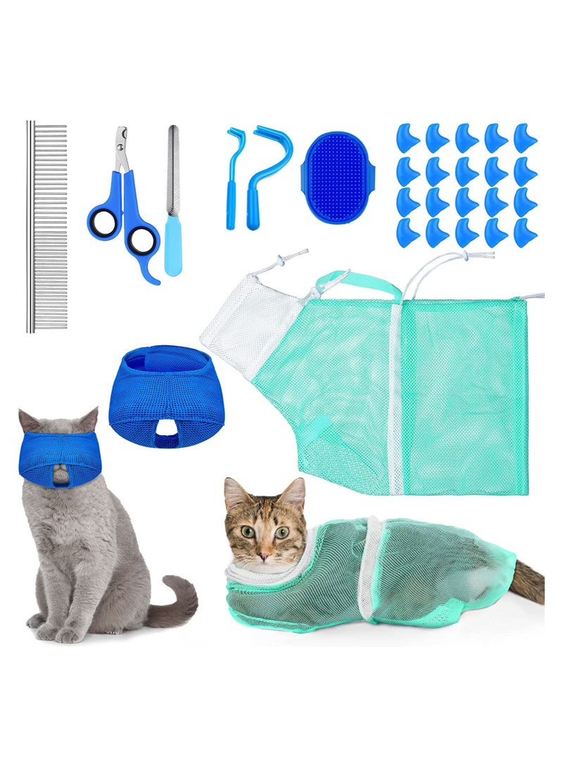 9 Pieces Anti Bite and Anti Scratch Cat Grooming Bag set turquoise - Image 1