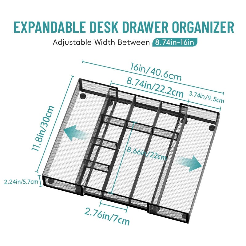 ReePlan Expandable Desk Drawer Organizer Tray with 10 Adjustable Compartments, Metal Mesh Office Drawer Organizer, Versatile Desk Organizer for Home, School Supplies, Makeup Vanity & Jewelry (Black) - Image 2