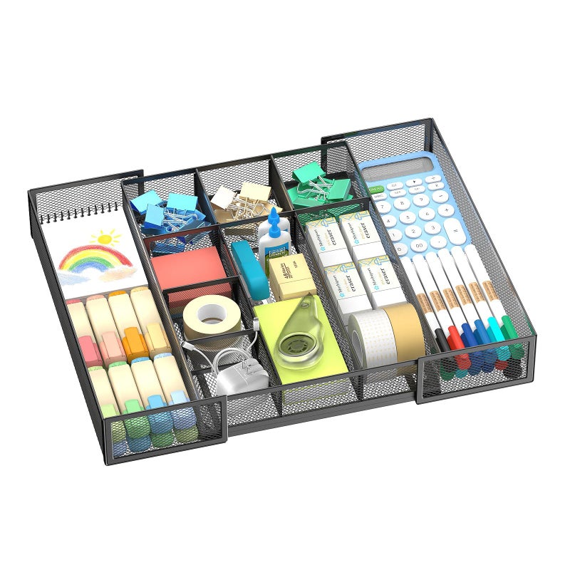 ReePlan Expandable Desk Drawer Organizer Tray with 10 Adjustable Compartments, Metal Mesh Office Drawer Organizer, Versatile Desk Organizer for Home, School Supplies, Makeup Vanity & Jewelry (Black) - Image 1