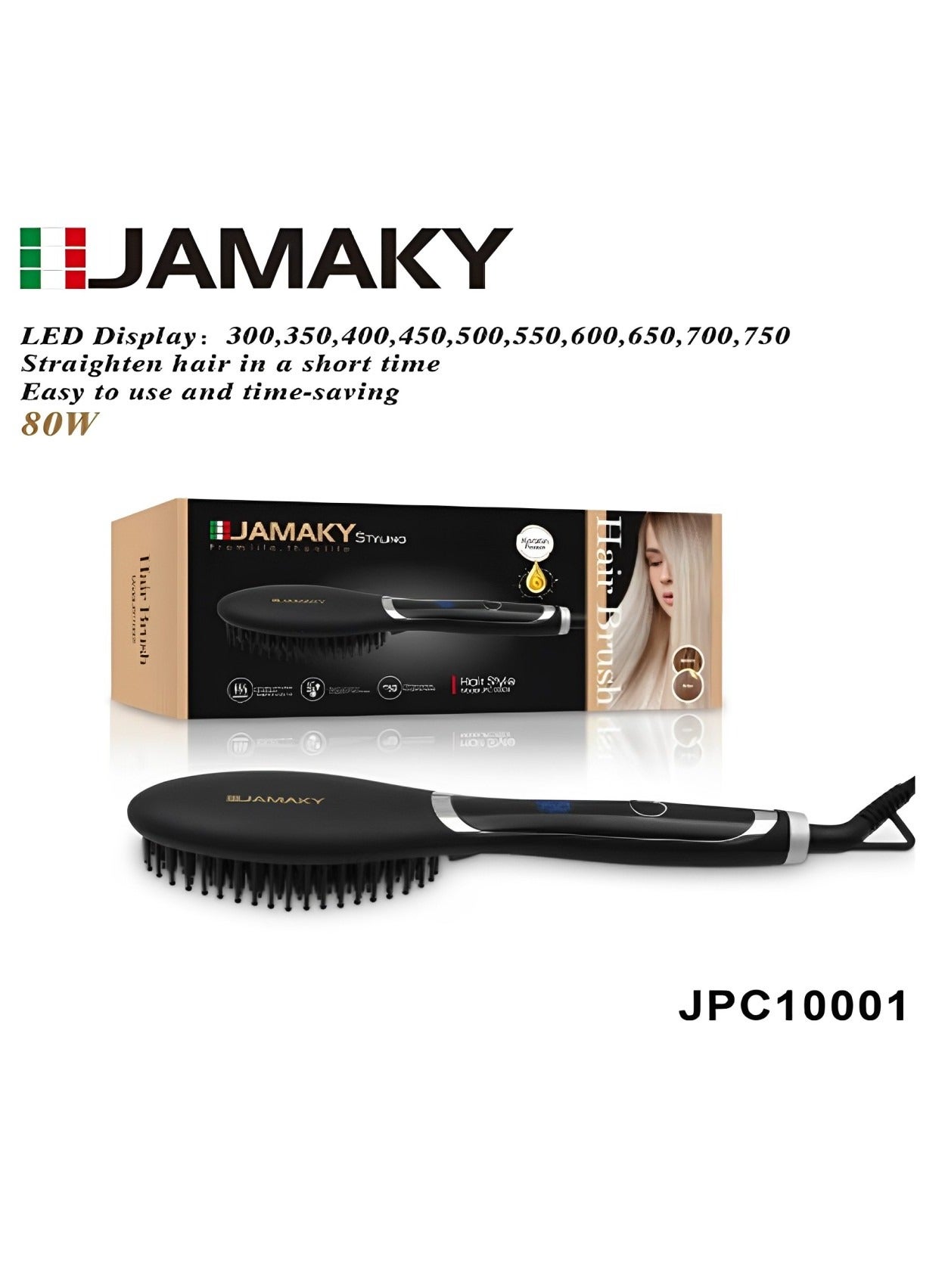 Hair straightening brush, 80 watts , 750 degrees, JPC10001 , with Italian technology