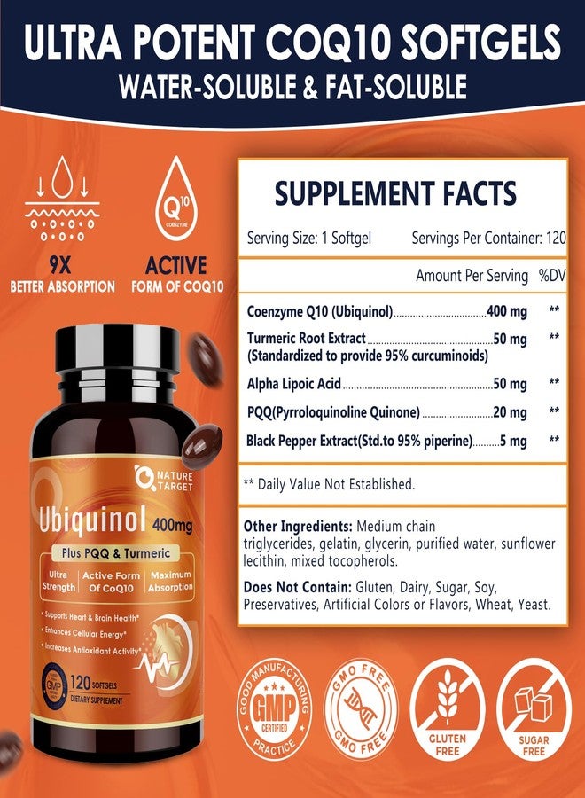 NATURE TARGET Ubiquinol CoQ10 400mg softgels with PQQ & Turmeric, High Absorption Coenzyme Q10 Supplement with ALA & Black Pepper, Antioxidant for Heart & Brain Health, Energy Production, 120 Count - Image 2
