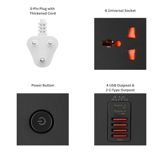 NOJTI Extension Board, Power Strip with 6 USB Ports and 3 Universal Socket, 2500W 10A Extension Cord, 3-Pin Surge Protector Power Strip for Home, Office, Computer, Mobile Charging (White-Z67) - Image 4