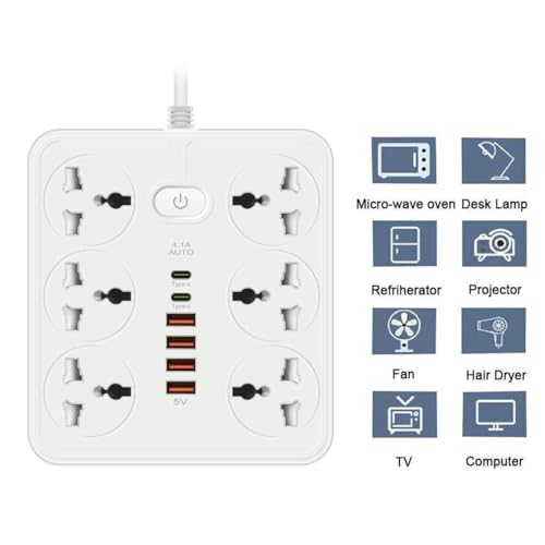 NOJTI Extension Board, Power Strip with 6 USB Ports and 3 Universal Socket, 2500W 10A Extension Cord, 3-Pin Surge Protector Power Strip for Home, Office, Computer, Mobile Charging (White-Z67) - Image 3