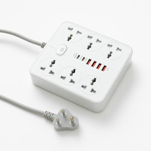 NOJTI Extension Board, Power Strip with 6 USB Ports and 3 Universal Socket, 2500W 10A Extension Cord, 3-Pin Surge Protector Power Strip for Home, Office, Computer, Mobile Charging (White-Z67) - Image 1
