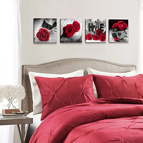 YOOOAHU Red Wall Decor for Bedroom Red Bathroom Accessories Black and White Canvas Wall Art Rose Pictures for Living Room Home Decorations Flower Painting Couples Bedroom Kitchen Modern Artwork 12x12"4Pcs/Set - Image 4