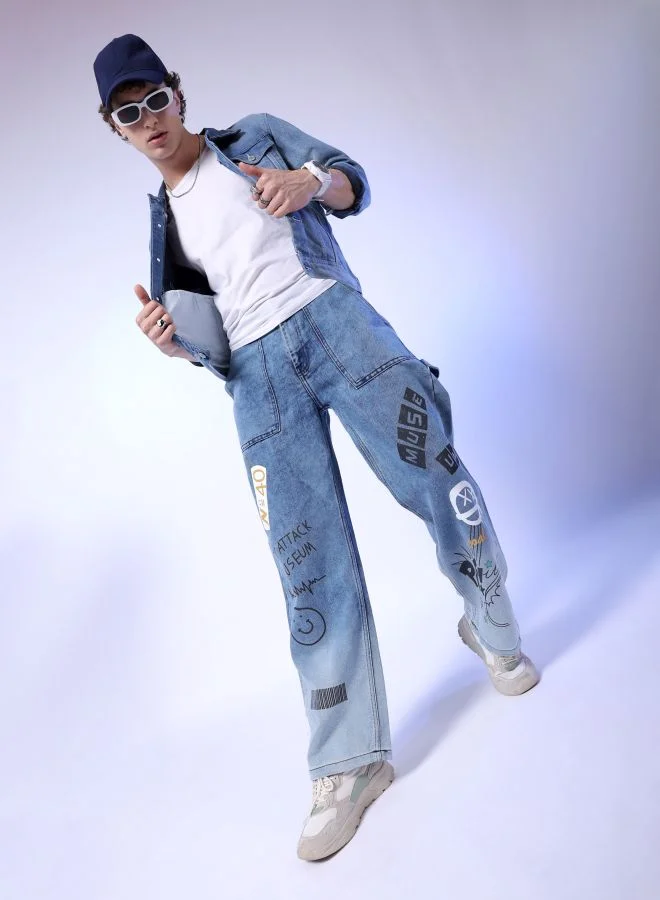 ذا انديان كراج كو Men Baggy Placement Print Mid-Rise Stretchable Jeans