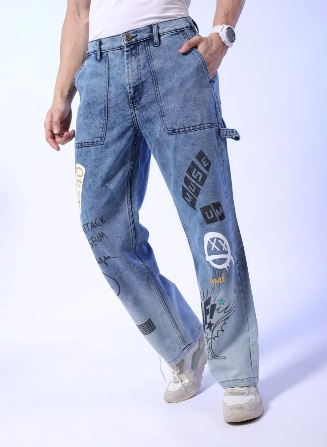 ذا انديان كراج كو Men Baggy Placement Print Mid-Rise Stretchable Jeans