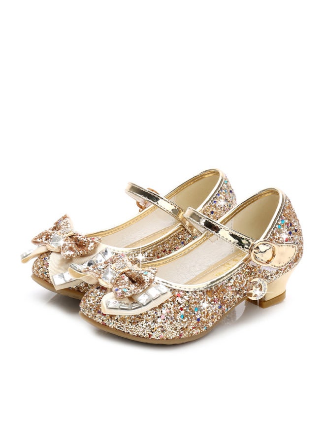 Autumn New Girls' Small High Heel Leather Shoes Sequin Upper Bow Decoration Children's Dance Shoes