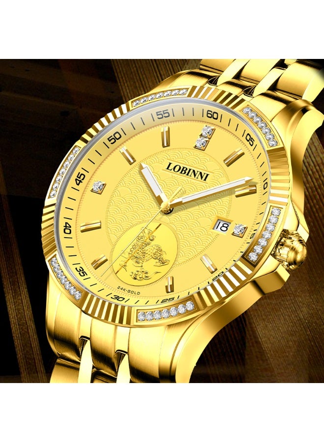 لوبيني ساعة لوبيني 24K-19005 التلقائية الكرونوغراف - وجه ذهبي غني مطفي مع أقراص فرعية متعددة الوظائف، عقارب لامعة من الفولاذ المقاوم للصدأ - ساعة رجال الأعمال الفاخرة - Image 2