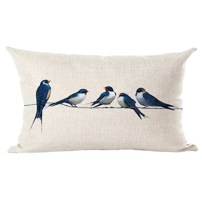 INK PAINTING WATERCOLOR BLUE LOVELY BIRDS ANIMAL LOVER DECORATIVE LUMBAR THROW PILLOW COVER CASE HOME LIVING ROOM BED SOFA CAR COTTON LINEN RECTANGULAR 12 X 20 INCHES