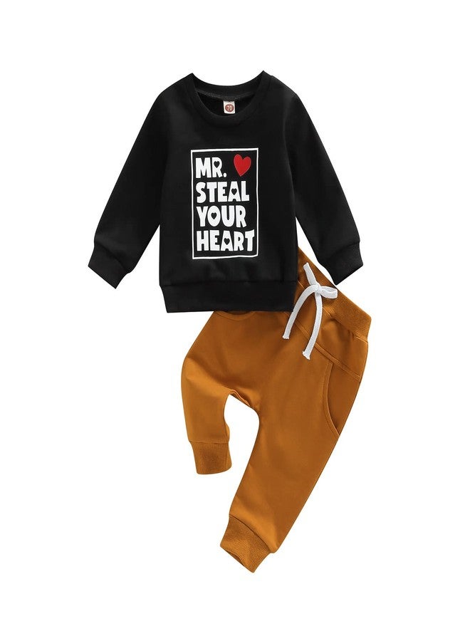 YINGISFITM Toddler Baby Boy Valentines Clothes Mr Steal My Heart Crewneck Sweatshirt Shirt Top Pants Spring Outfit (Black,2-3T) - Image 1