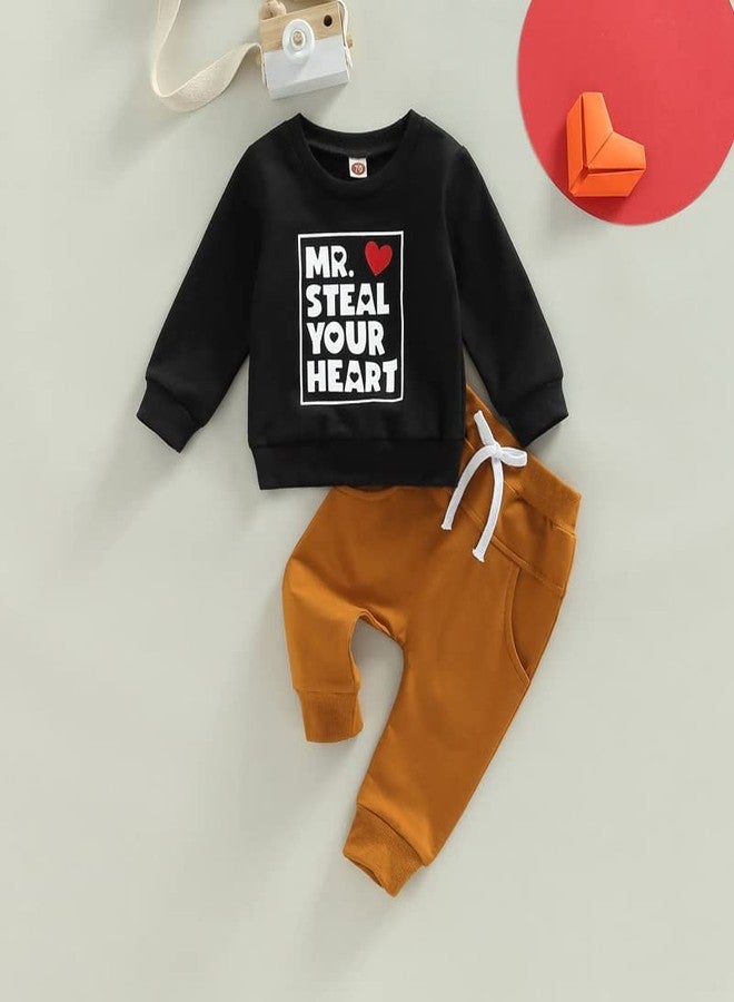 YINGISFITM Toddler Baby Boy Valentines Clothes Mr Steal My Heart Crewneck Sweatshirt Shirt Top Pants Spring Outfit (Black,2-3T) - Image 2