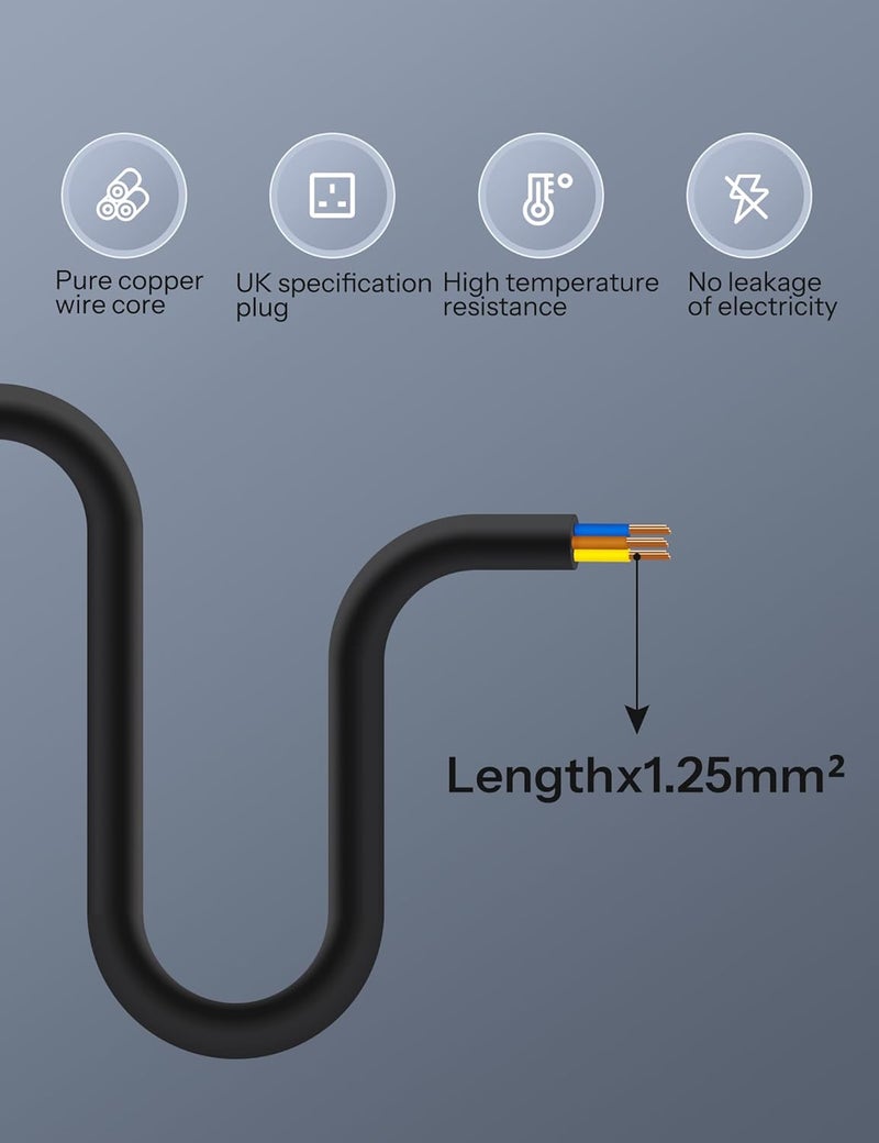 WHonor Extension Lead 3m, 1 Way Extension Cord with UK 3 Pin Plug Power Strip, Tough and Fireproof Single Extension Socket for Home&Office (3m, black) - Image 3