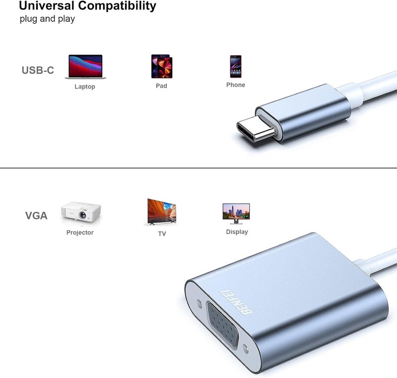 Benfei محول USB C إلى VGA حزمة 2، متوافق مع iPhone 15 Pro/Max، MacBook Pro/Air 2023، iPad Pro، iMac، S23، XPS 17، Surface Book 3 والمزيد [هيكل ألمنيوم، رمادي] - Image 5
