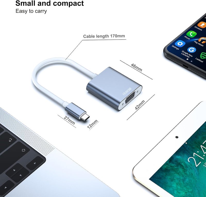 Benfei محول USB C إلى VGA حزمة 2، متوافق مع iPhone 15 Pro/Max، MacBook Pro/Air 2023، iPad Pro، iMac، S23، XPS 17، Surface Book 3 والمزيد [هيكل ألمنيوم، رمادي] - Image 4