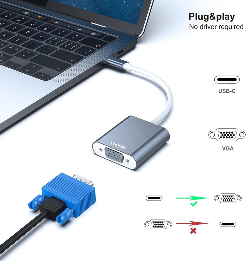 Benfei محول USB C إلى VGA حزمة 2، متوافق مع iPhone 15 Pro/Max، MacBook Pro/Air 2023، iPad Pro، iMac، S23، XPS 17، Surface Book 3 والمزيد [هيكل ألمنيوم، رمادي] - Image 2