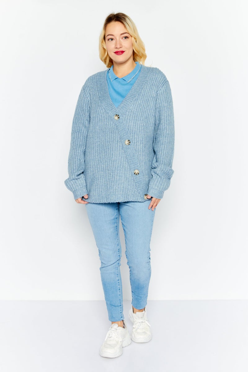 Fire & Glory Women V Neck Long Sleeve Textured Cardigan, Blue - Image 2