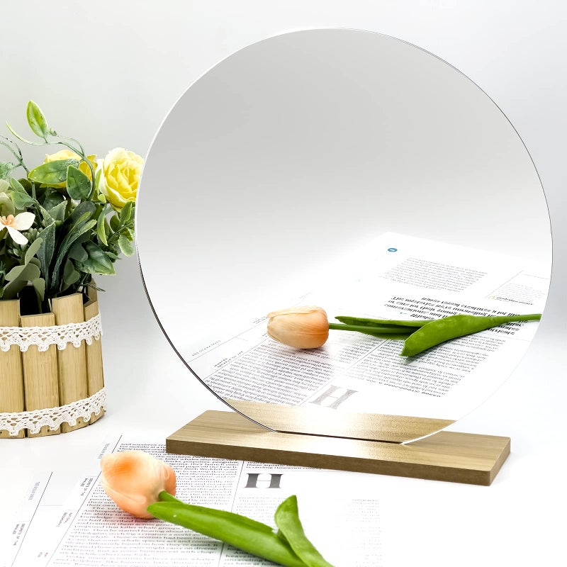Auconda 8" Circle Shape Mirror for Room Decor, Acrylic Mirror with Wood Stand, Frameless Makeup Mirror for Desk, Unique Bedroom Accessory - Image 1