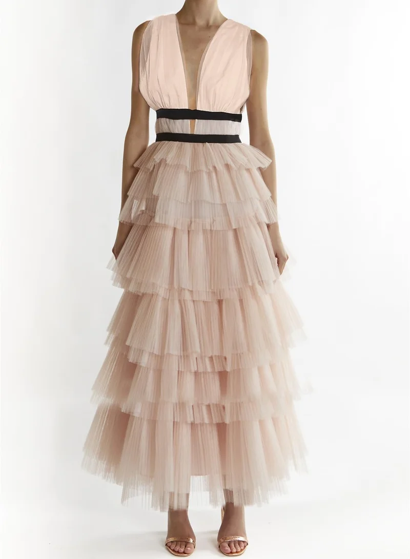True Decadence Nude-Peach Eliza Plunging Neck Layered Tulle Skirt Maxi-Dress
