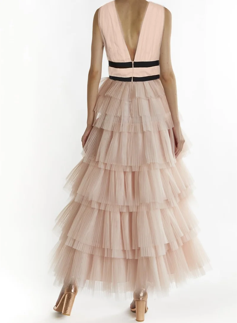 True Decadence Nude-Peach Eliza Plunging Neck Layered Tulle Skirt Maxi-Dress