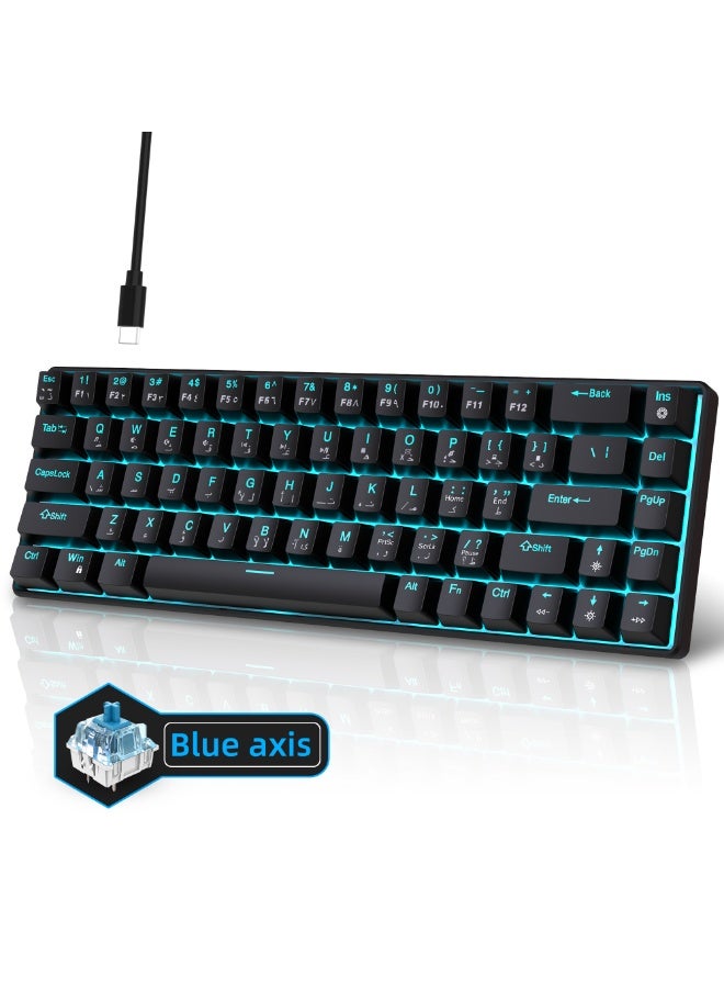English Arabic Wired Mechanical Gaming Keyboard 68 keys with Blue Switches, ice blue LED Backlit, 60% Ultra-Compact Computer Keyboard for Windows Vista/XP/7/8/10/11, MAC IOS, and Linux system - Image 1