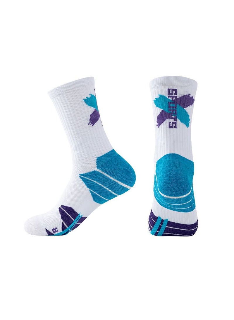 Loquat Men Anti Slip Mid Calf Sport Socks White/Blue 