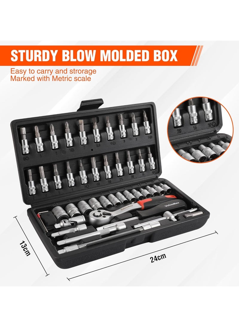 Valuemax 46-Piece Socket Wrench Set  1/4“ Socket Set  Cr-V Steel Ratchet Set  Mechanic Tool Kit, Car Repair Tools - Image 3