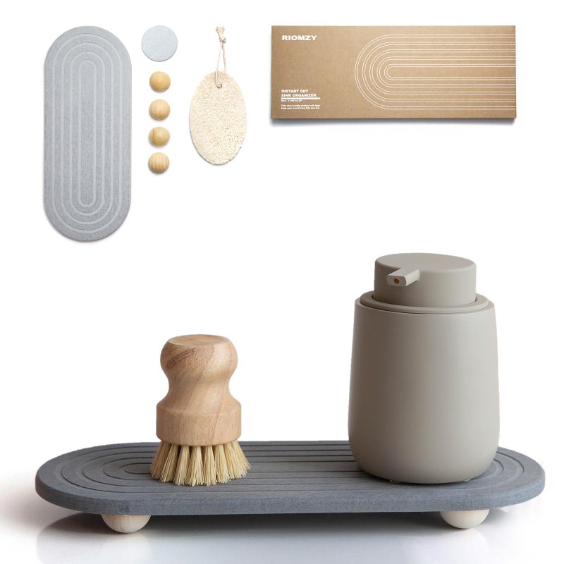 RIOMZY Instant Dry Sink Caddy Organizer â€“ Water Absorbing Stone Tray for Kitchen Bathroom Countertop, Fast Drying Sink Caddy (with Wooden Feet and Natural Loofah, Gray) - Image 1