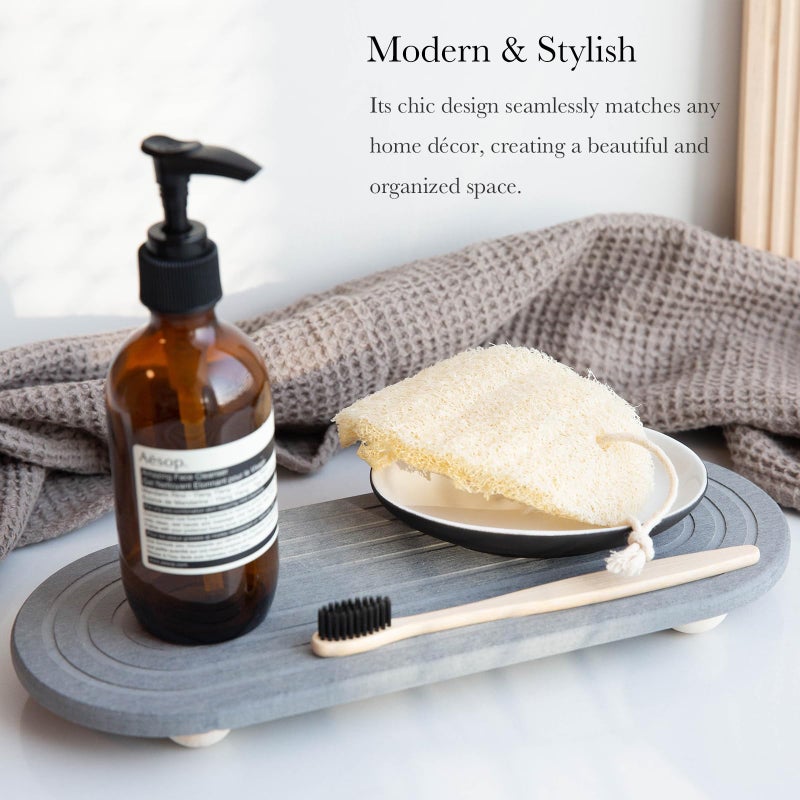 RIOMZY Instant Dry Sink Caddy Organizer â€“ Water Absorbing Stone Tray for Kitchen Bathroom Countertop, Fast Drying Sink Caddy (with Wooden Feet and Natural Loofah, Gray) - Image 2