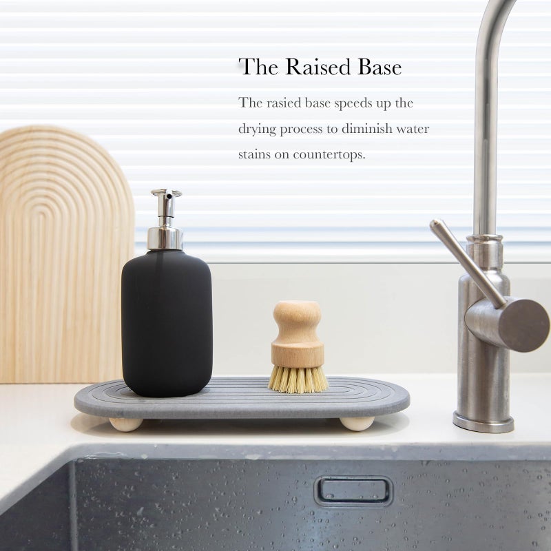 RIOMZY Instant Dry Sink Caddy Organizer â€“ Water Absorbing Stone Tray for Kitchen Bathroom Countertop, Fast Drying Sink Caddy (with Wooden Feet and Natural Loofah, Gray) - Image 4