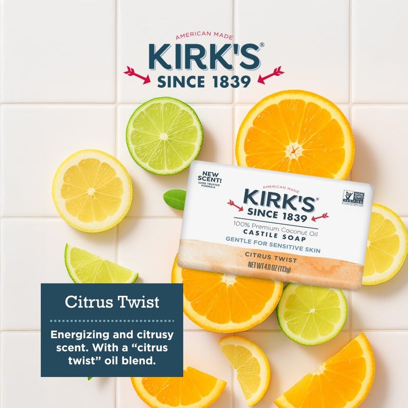 Kirk's Castile Bar Soap for Men, Women & Children - Made with Premium Coconut Oil, Sensitive Skin Formula- Vegan & Non GMO- Citrus Twist- 4 oz. Bars 6 Pack - Image 5