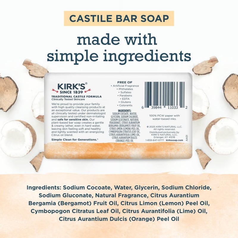 Kirk's Castile Bar Soap for Men, Women & Children - Made with Premium Coconut Oil, Sensitive Skin Formula- Vegan & Non GMO- Citrus Twist- 4 oz. Bars 6 Pack - Image 2