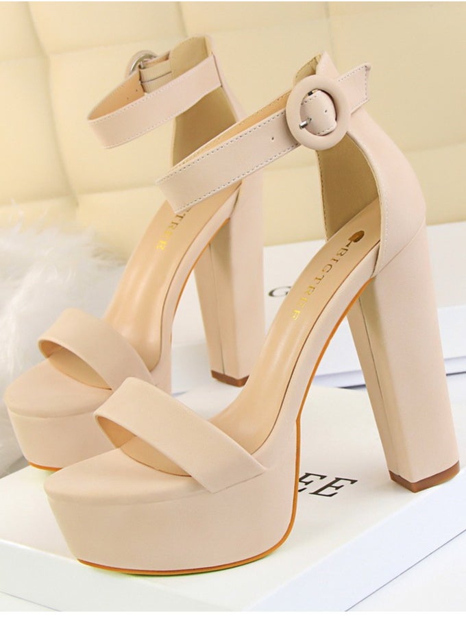 BIGTREE Women's Thick Heeled High Heels With Waterproof Platform Open Toe Chunky Heel Sandals Shoes With Adjustable Buckle Pale Pink  - Image 1