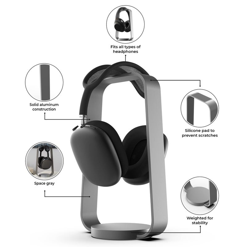 HumanCentric Headphone Stand Headset Holder in Space Gray, Weighted Aluminum Headphone Holder, Desk Headphone Hanger Displays and Holds Headsets, Works with Most Headphone Brands and Sizes - Image 3
